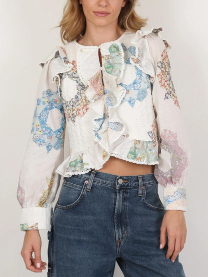Variant image for Women Blouse White Cotton Quilted Frill | Vintage Charm-1