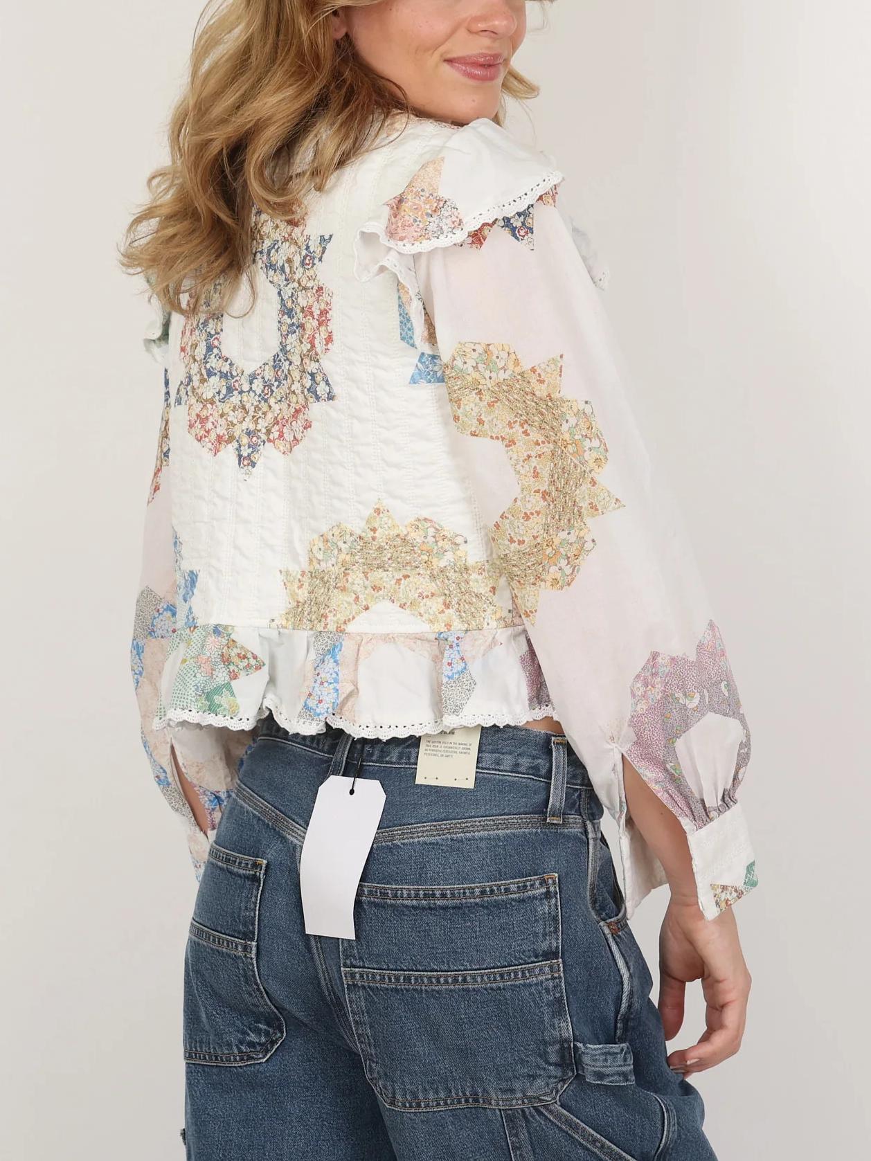 Women Blouse White Cotton Quilted Frill | Vintage Charm-2