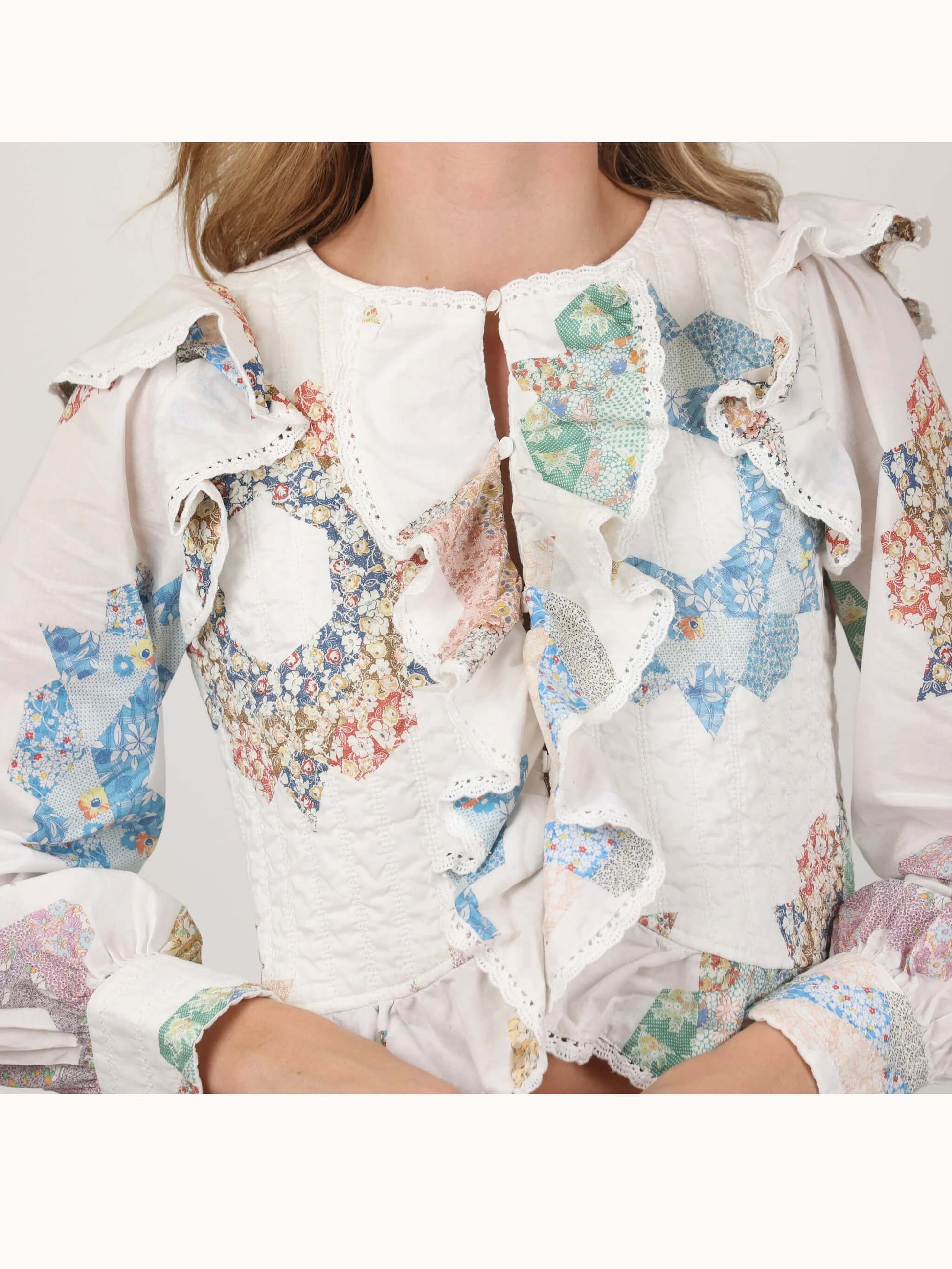 Women Blouse White Cotton Quilted Frill | Vintage Charm-3