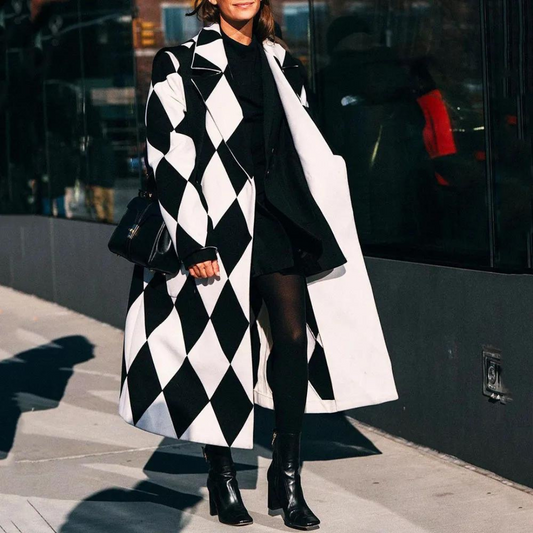 Women Bold Harlequin Long Coat | Lana