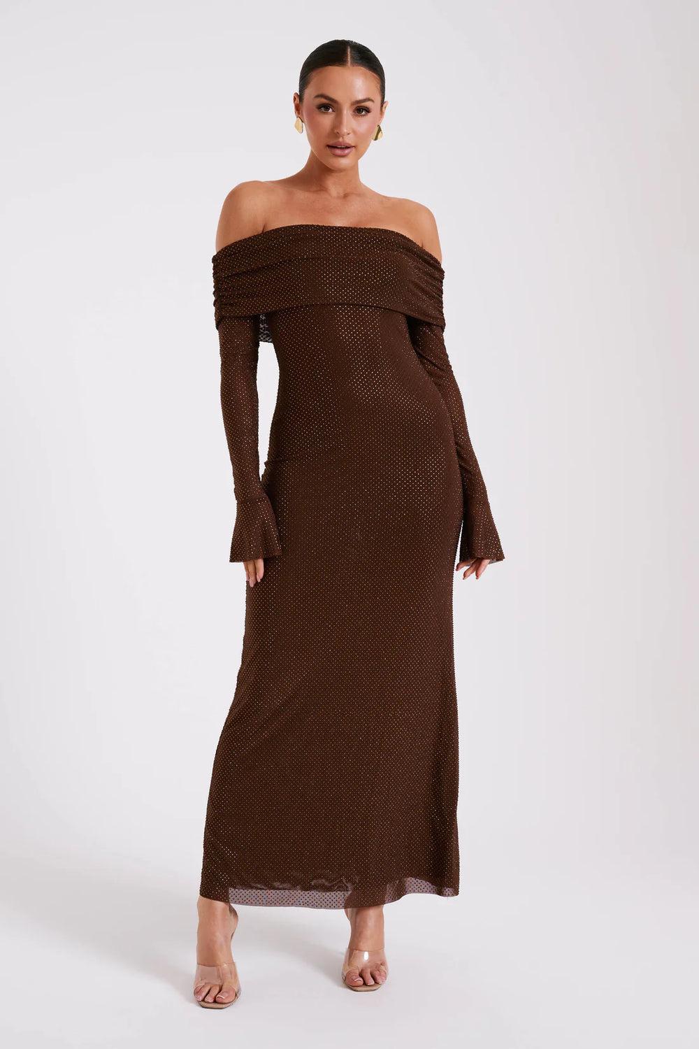 Off-Shoulder Long Knit Gown with Bell Sleeves | Giselle