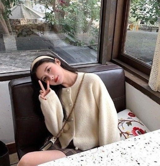 Women Pearl Button Fuzzy Cardigan | Arabella