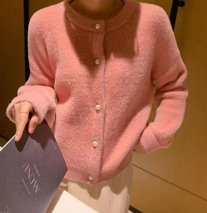 Women Pearl Button Fuzzy Cardigan | Arabella