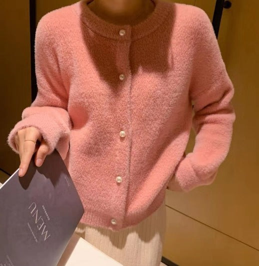 Women Pearl Button Fuzzy Cardigan | Arabella