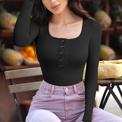 Women Ribbed Long Sleeve Button Bodysuit | Ellina