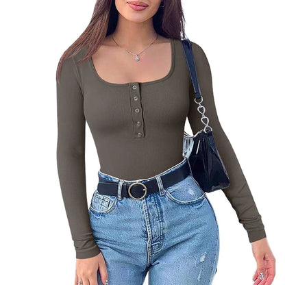 Women Ribbed Long Sleeve Button Bodysuit | Ellina
