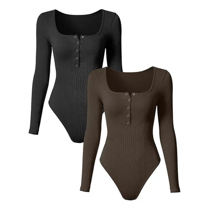 Women Ribbed Long Sleeve Button Bodysuit | Ellina