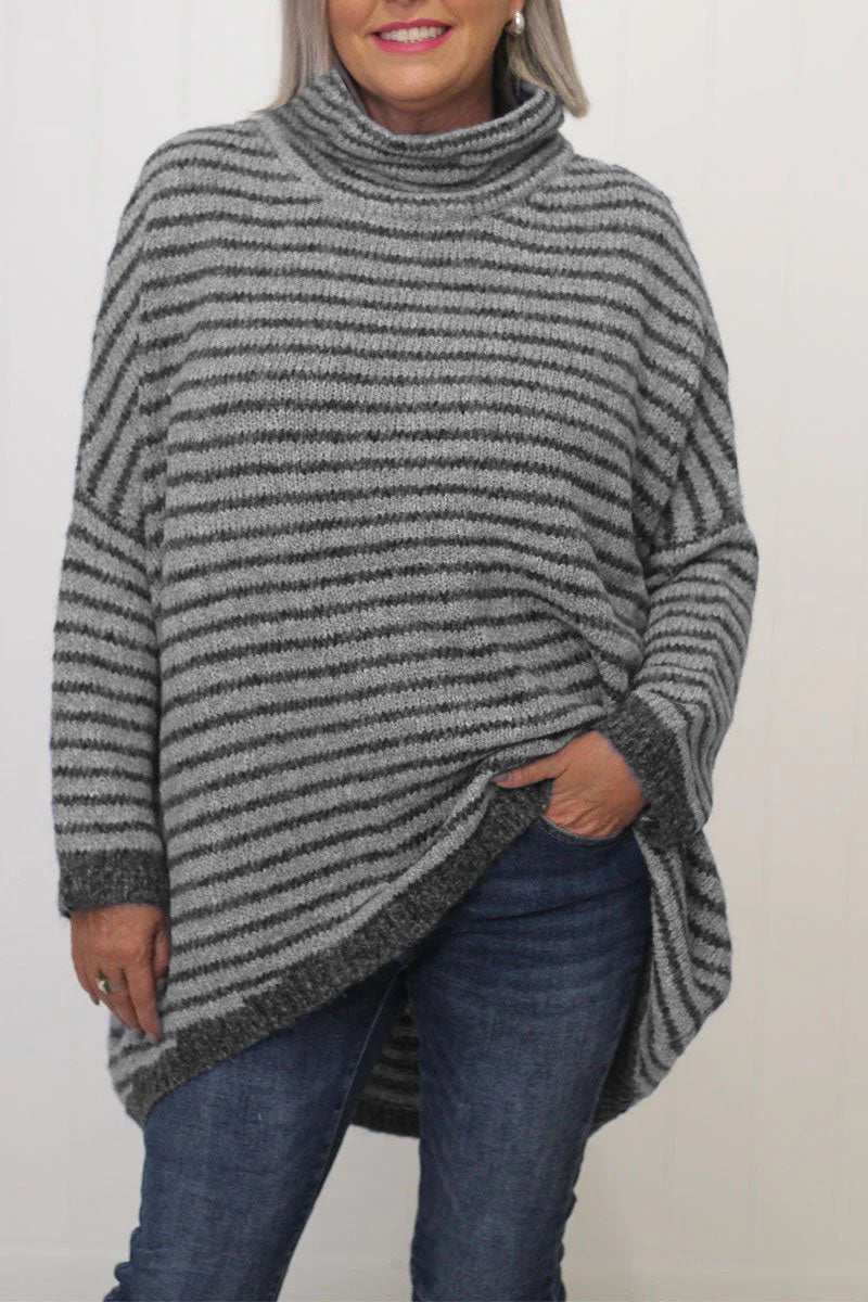 Striped Turtleneck Asymmetrical Sweater | Yinthe