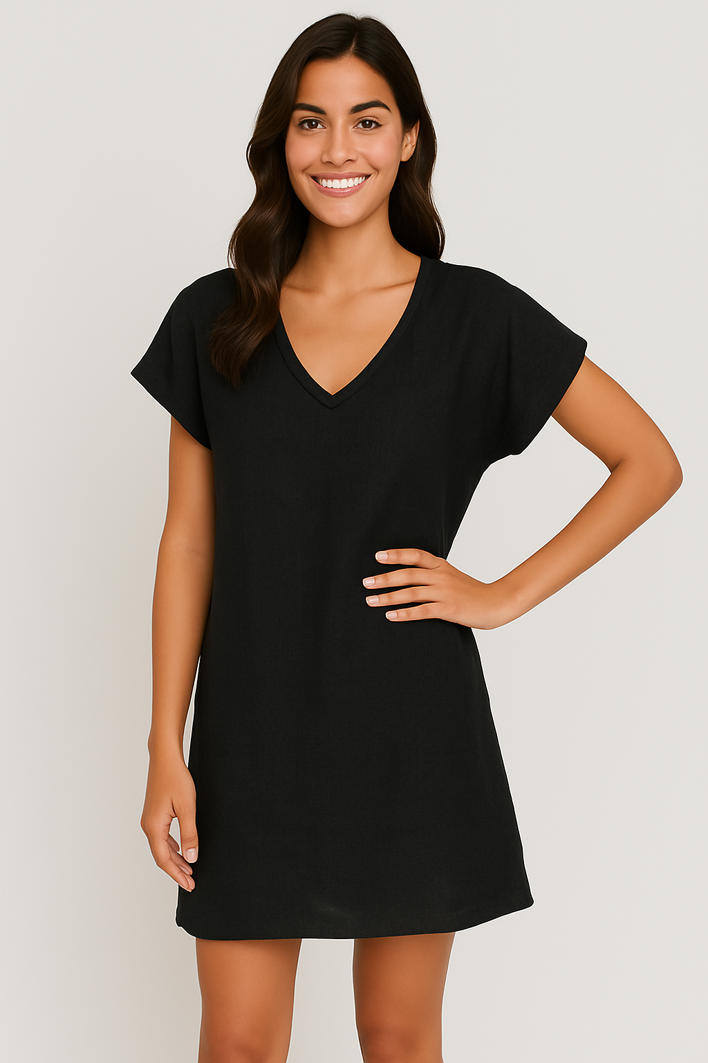 Women V-Neck Tunic Dress with Cap Sleeves | Mariselle