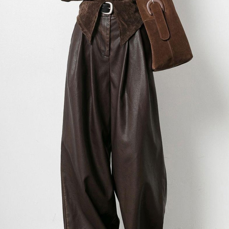 Women Wide Leg Pants Brown PU Leather | Vintage Chic-2
