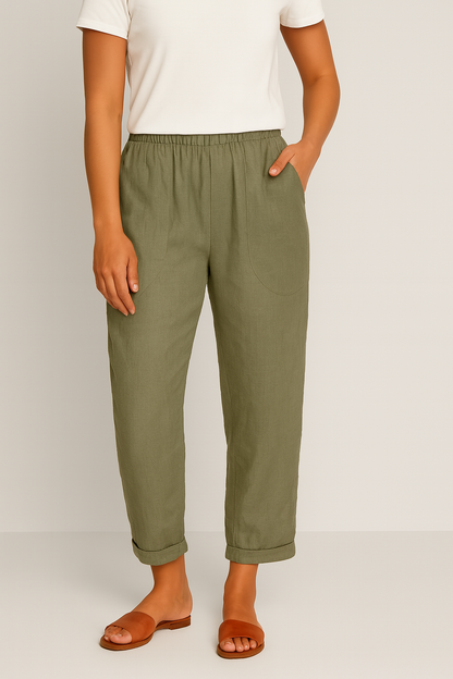 Women Relaxed Cotton Pocket Pants with Rolled Hem | Leiriel