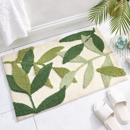 Floor Rug Green Leaf Print Polyester | Cozy Retreat 2