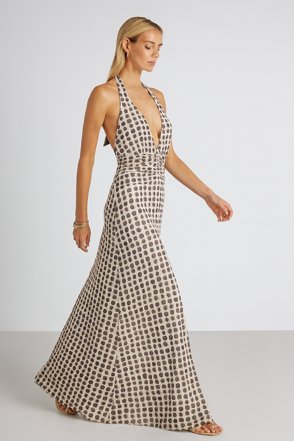 Women Polka Dot Deep V-Neck Maxi Dress | Adalira