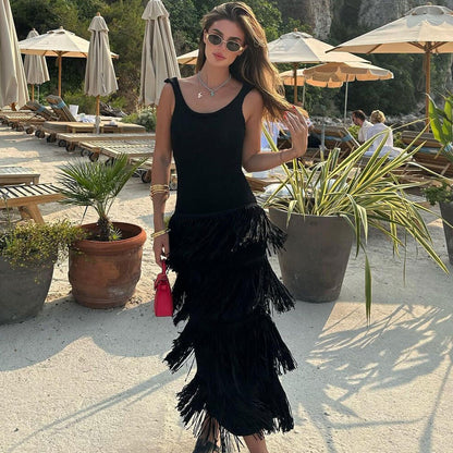 Women Fringe Layered Knit Maxi Dress | Emmarae