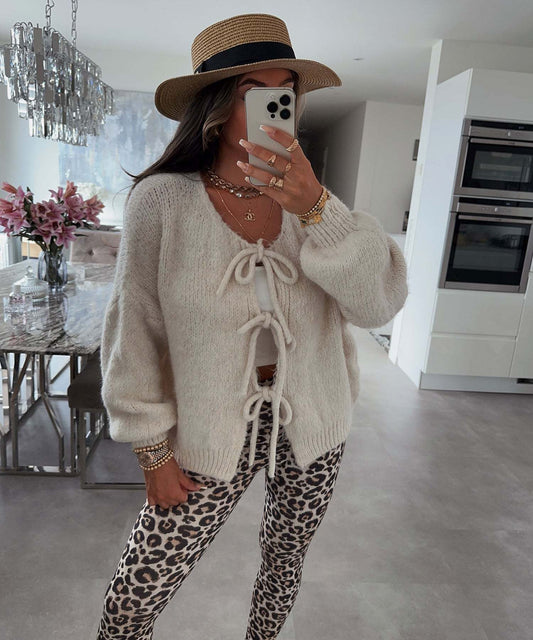 Women Cardigan Multi Color Knitted Polyester | Elegant Bow Design-1