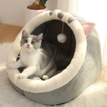 Cat Cave Bed Grey Cotton | Cozy Retreat-2