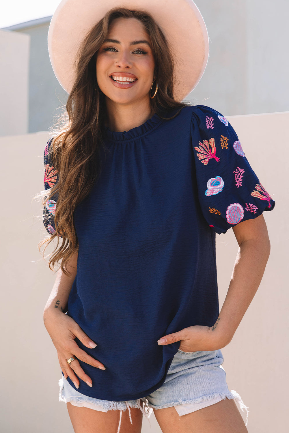 Women Blouse White Polyester Puff Sleeve Top | Coral-4