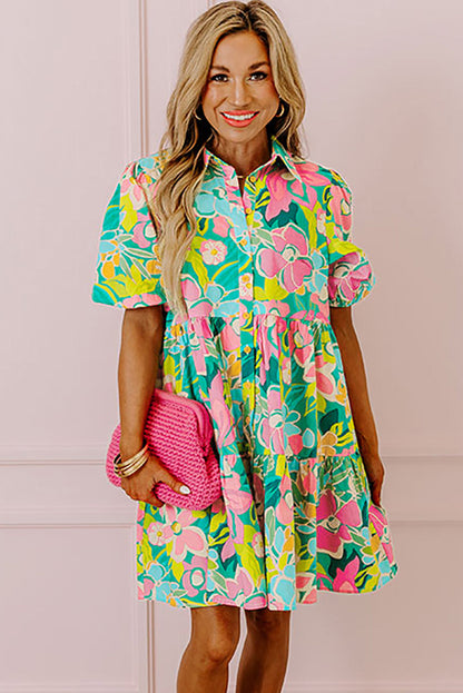 Floral Print Babydoll Dress with Puff Sleeves and Buttoned Front | Jeanne