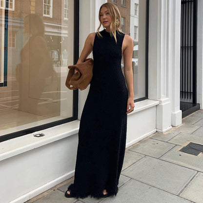 Women Sleeveless Knit Maxi Dress with Fringe Hem | Elanise