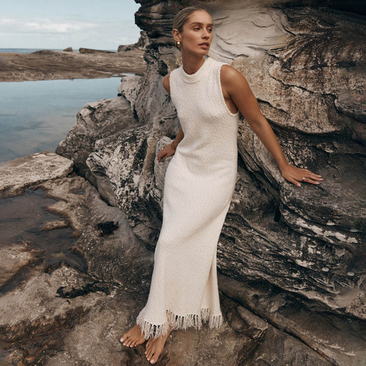 Women Sleeveless Knit Maxi Dress with Fringe Hem | Elanise