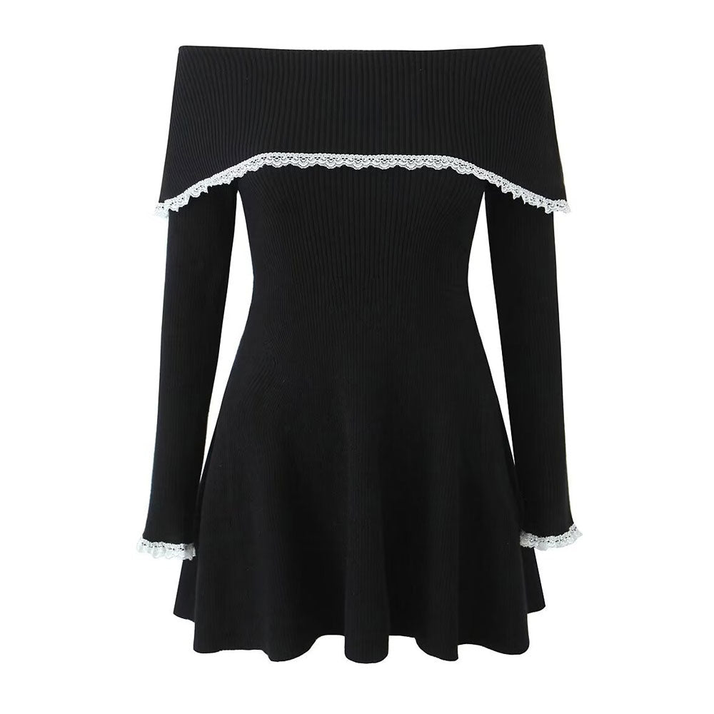 Women Off-Shoulder Lace Trim Knit Mini Dress | Indira