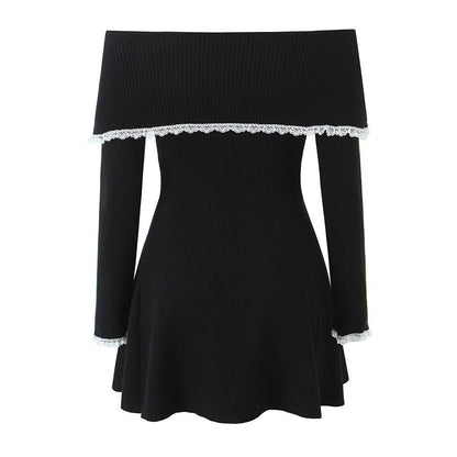 Women Off-Shoulder Lace Trim Knit Mini Dress | Indira