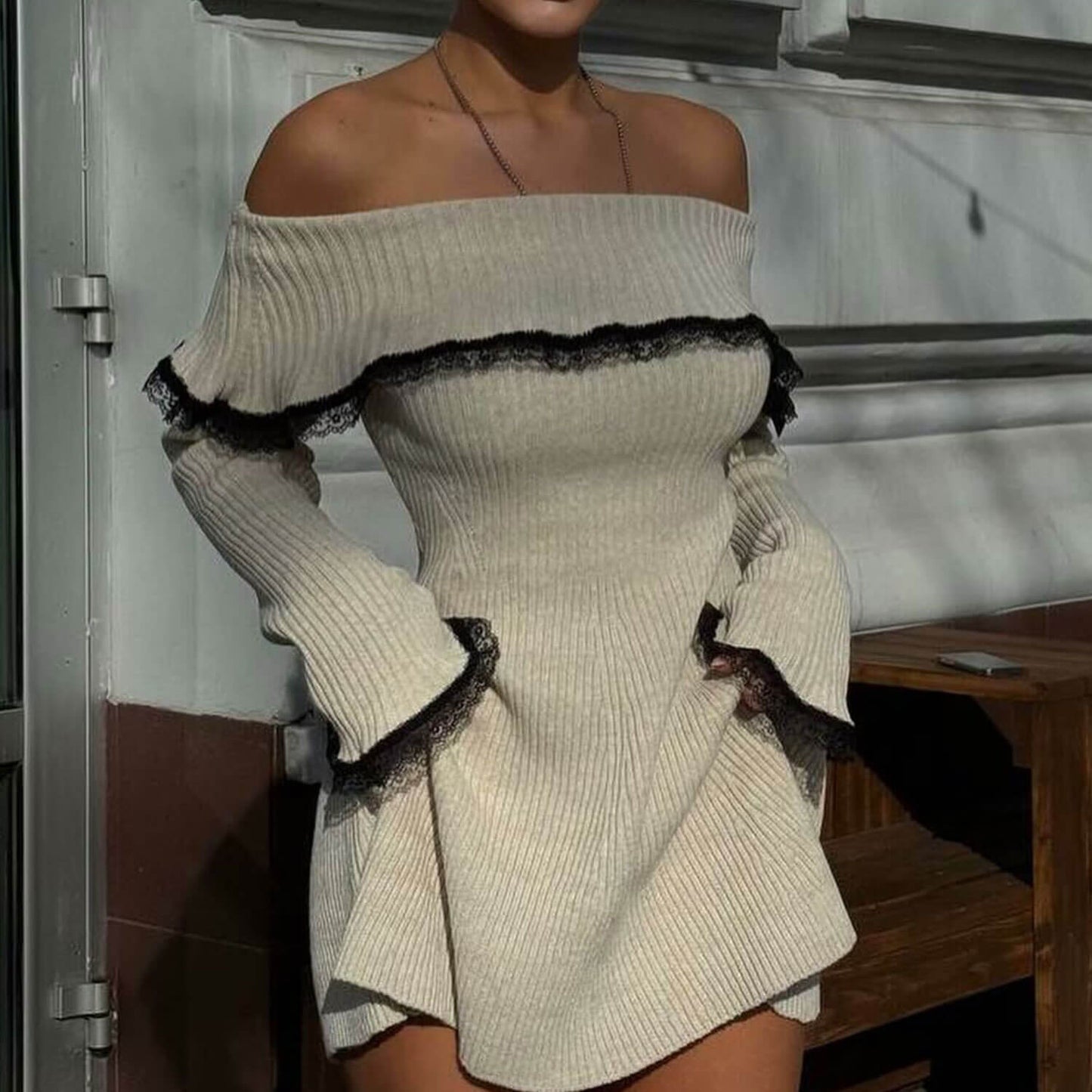 Women Off-Shoulder Lace Trim Knit Mini Dress | Indira