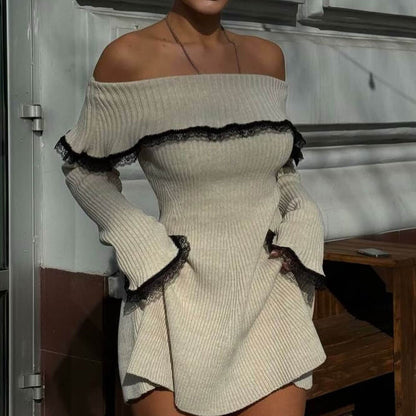 Women Off-Shoulder Lace Trim Knit Mini Dress | Indira