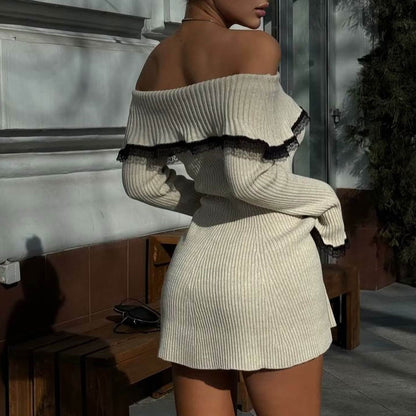 Women Off-Shoulder Lace Trim Knit Mini Dress | Indira