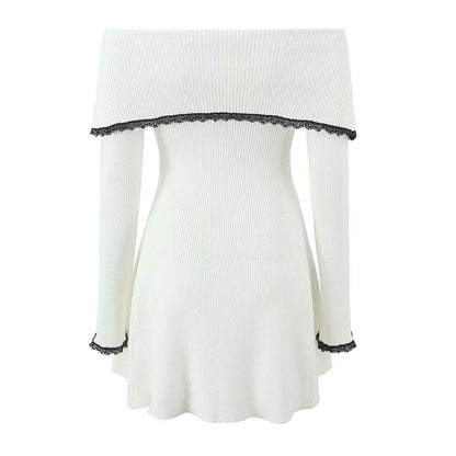 Women Off-Shoulder Lace Trim Knit Mini Dress | Indira