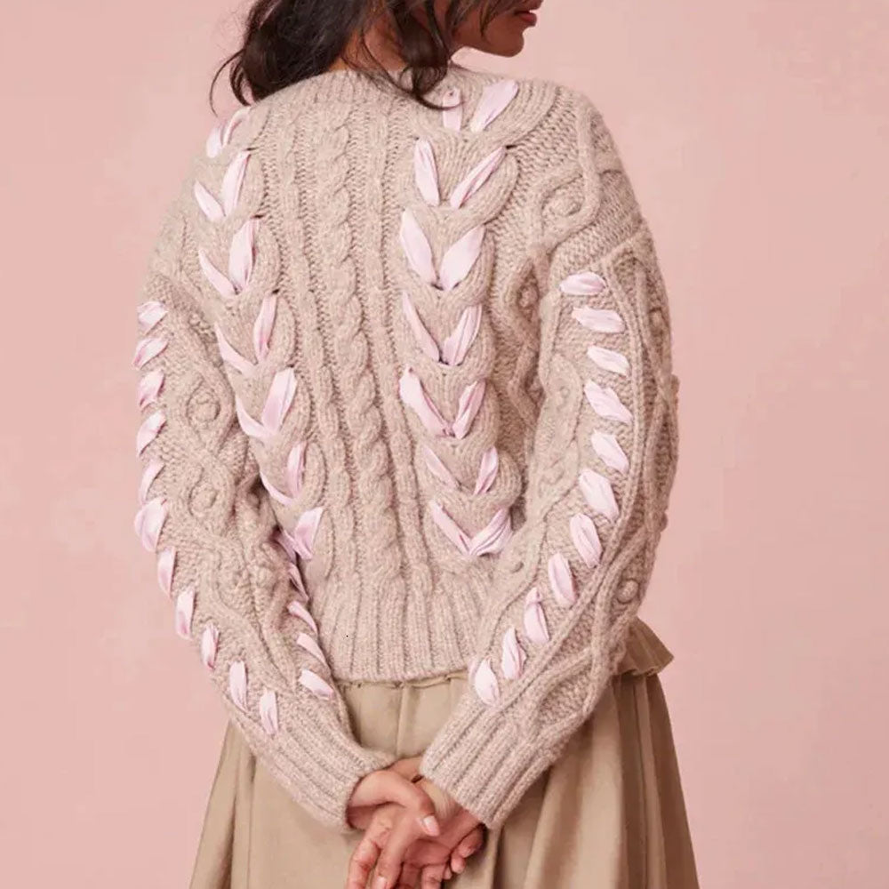 Women Cable Knit Ribbon Bow Sweater | Florina
