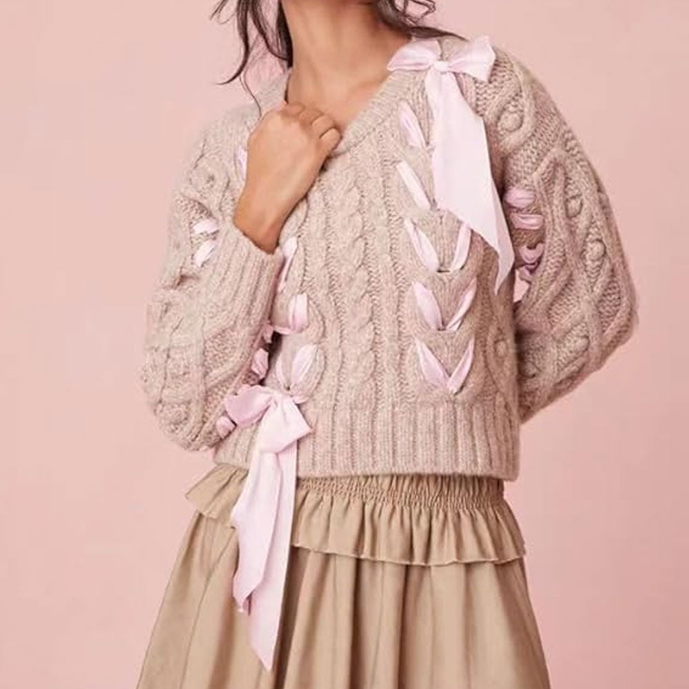 Women Cable Knit Ribbon Bow Sweater | Florina
