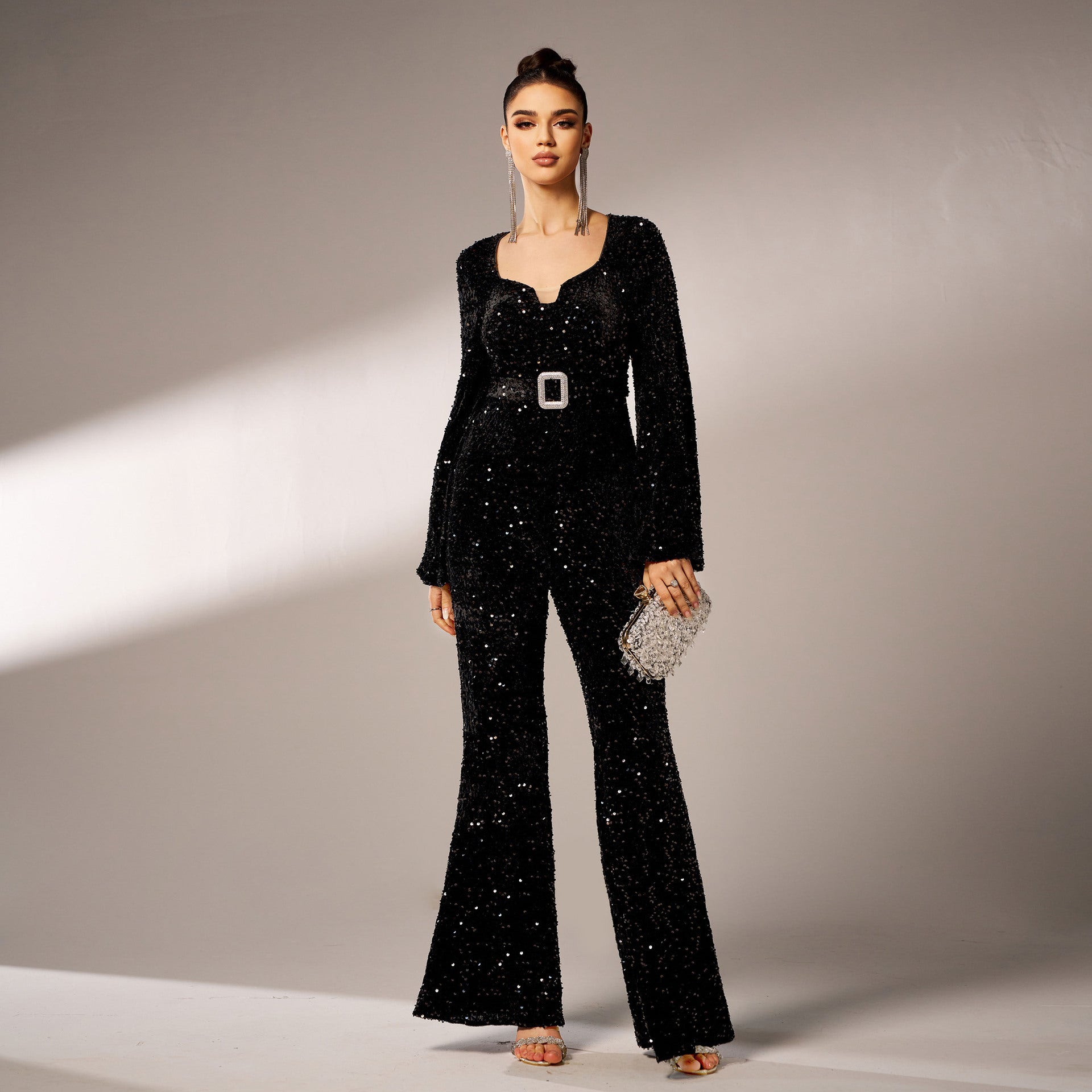 Women Sequin Jumpsuit Black Polyester | Elegant Night Out-2