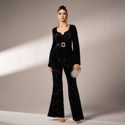 Women Sequin Jumpsuit Black Polyester | Elegant Night Out-2
