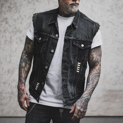 Distressed Denim Biker Vest | Allan