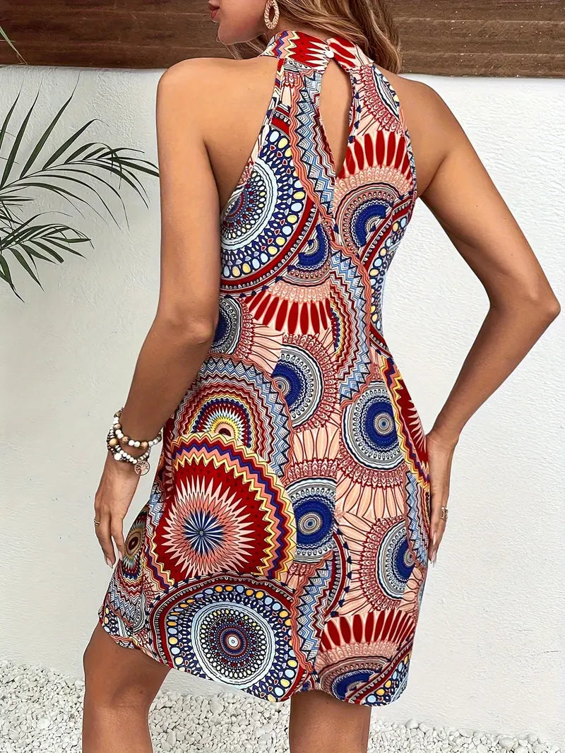 Halter Neck A-Line Dress with Geometric Print | Bree