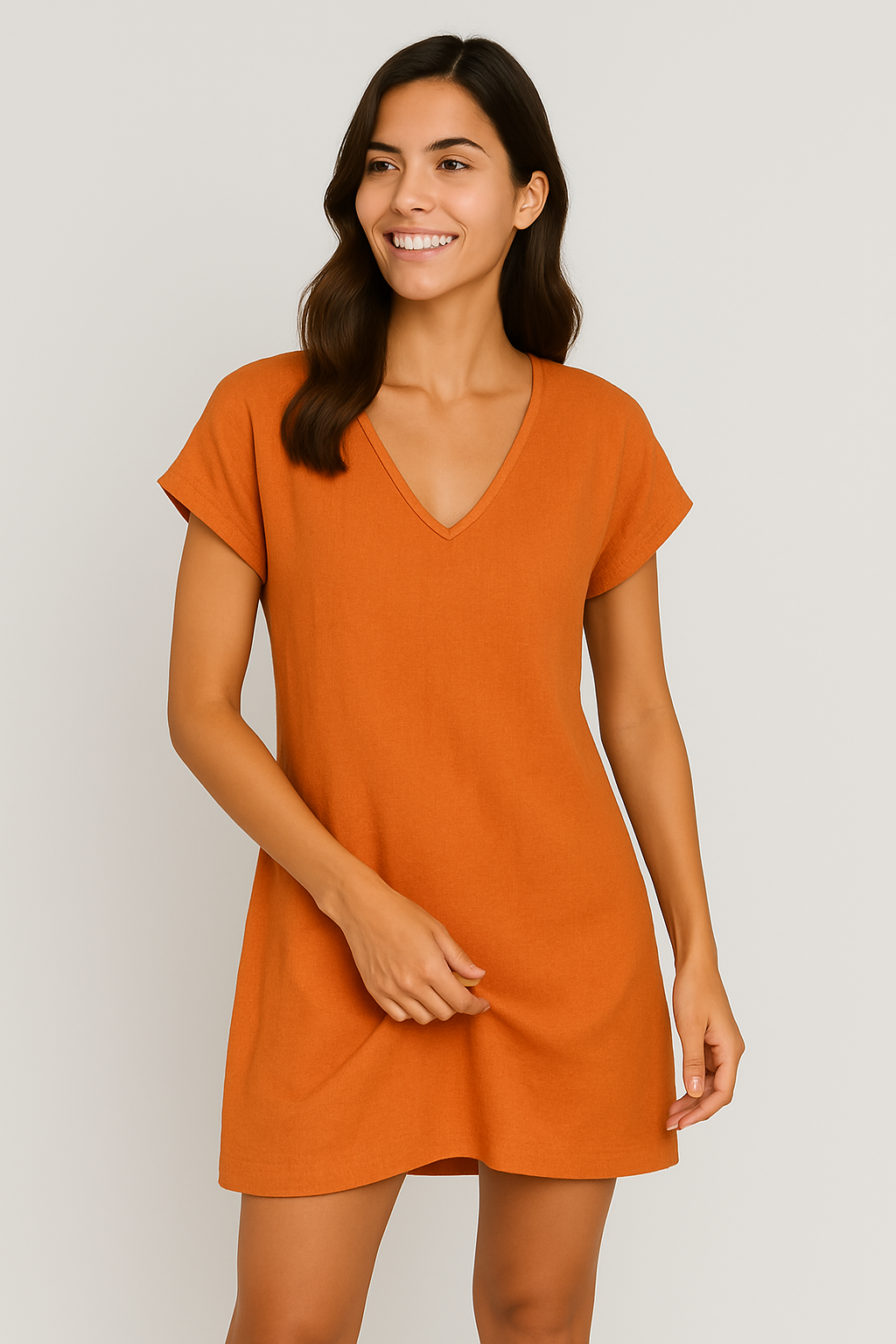 Women V-Neck Tunic Dress with Cap Sleeves | Mariselle