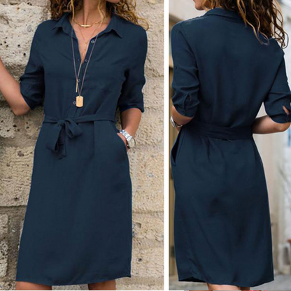 Women Elegant Belted Midi Shirt Dress | Solene