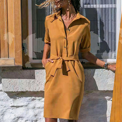 Women Elegant Belted Midi Shirt Dress | Solene