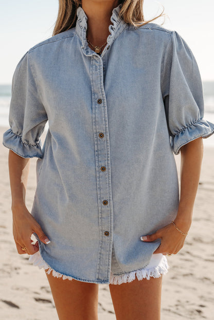 Women Ruffle Blouse Blue Chambray Lightweight | Summer Breeze-5