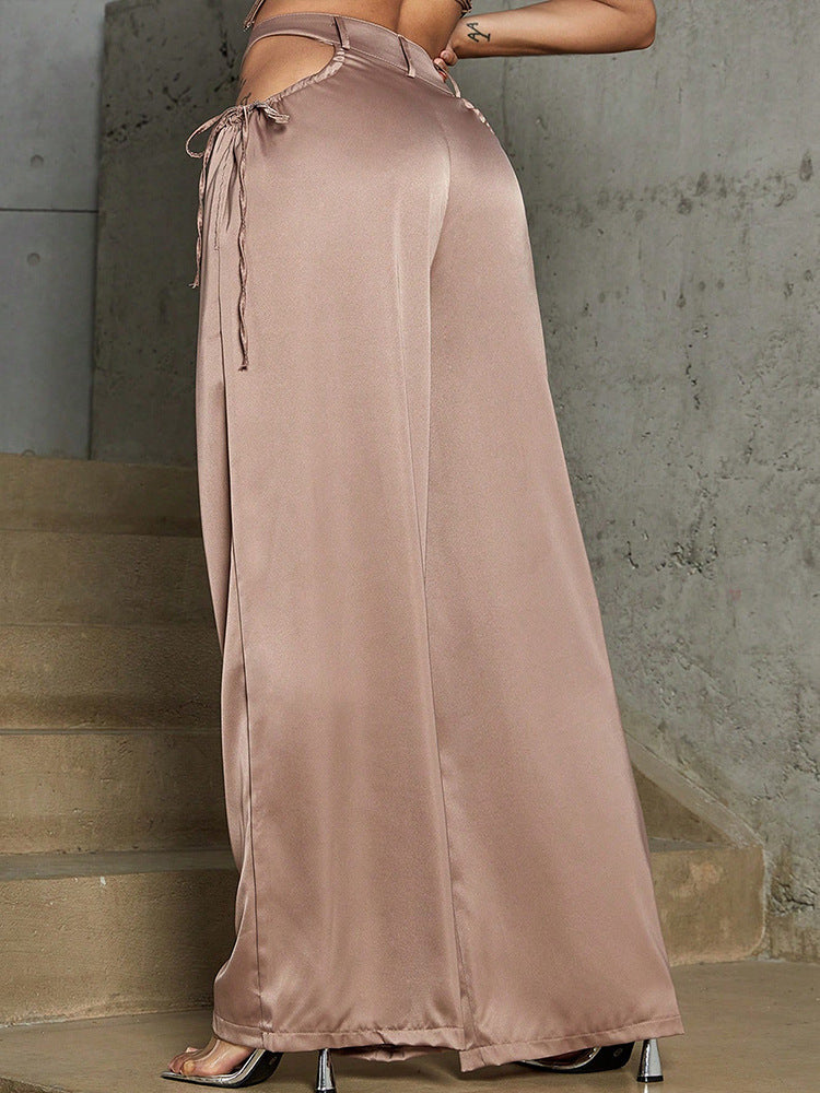 Women High Waist Straight Pants Khaki Polyester | Elegant Nightwear-6