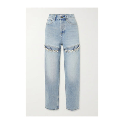 Women Straight Leg Jeans Light Blue Cotton | Crystal Elegance-1