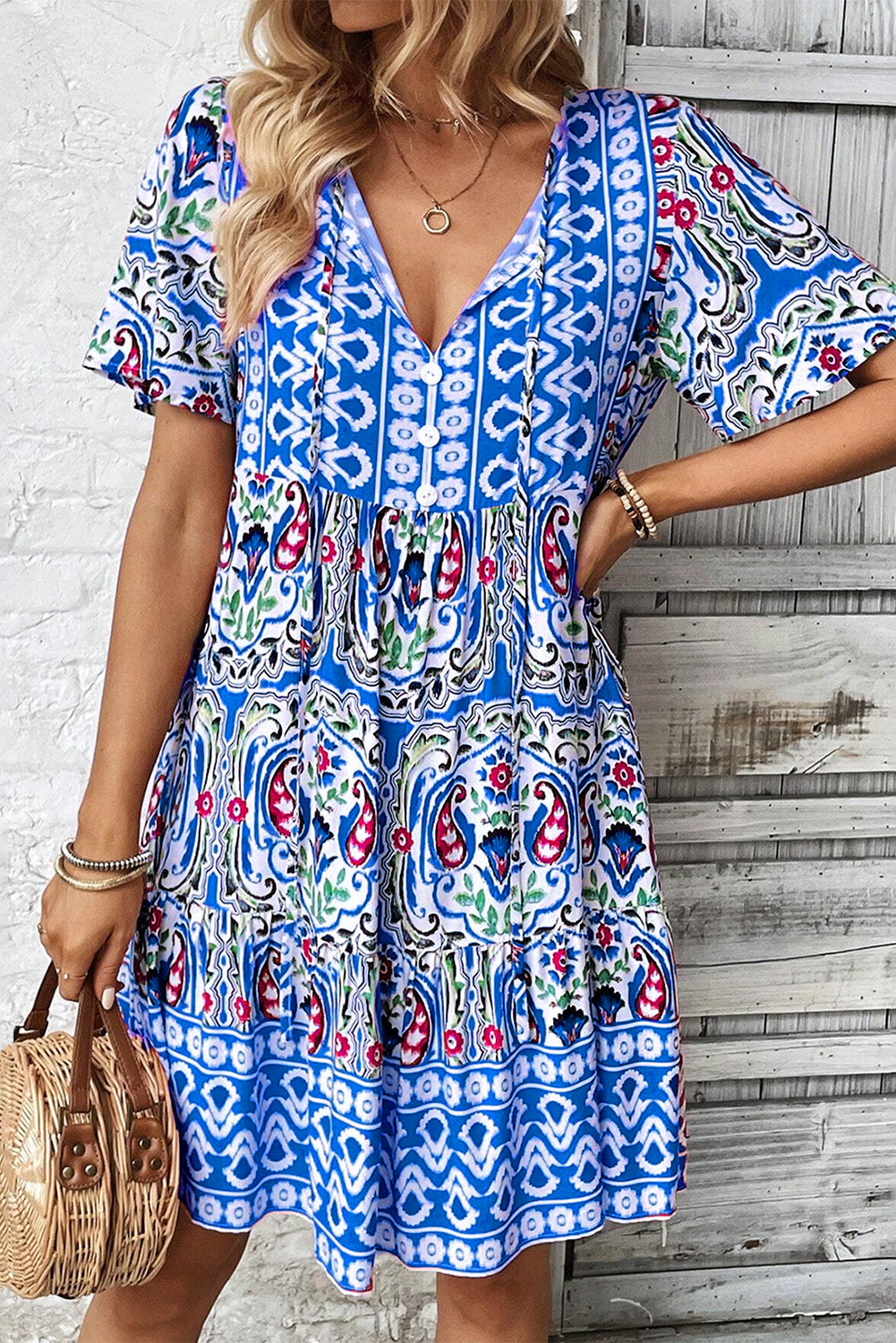 Bohemian Tie Neck Ruffle Hem Dress | Charity