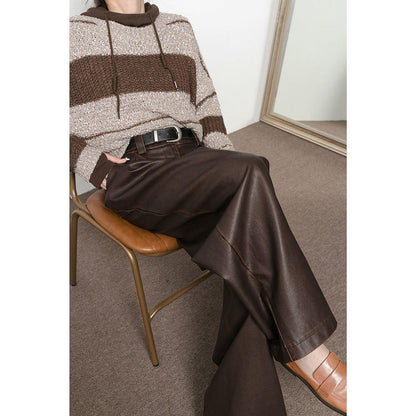 Women Wide Leg Pants Brown PU Leather | Vintage Chic-5
