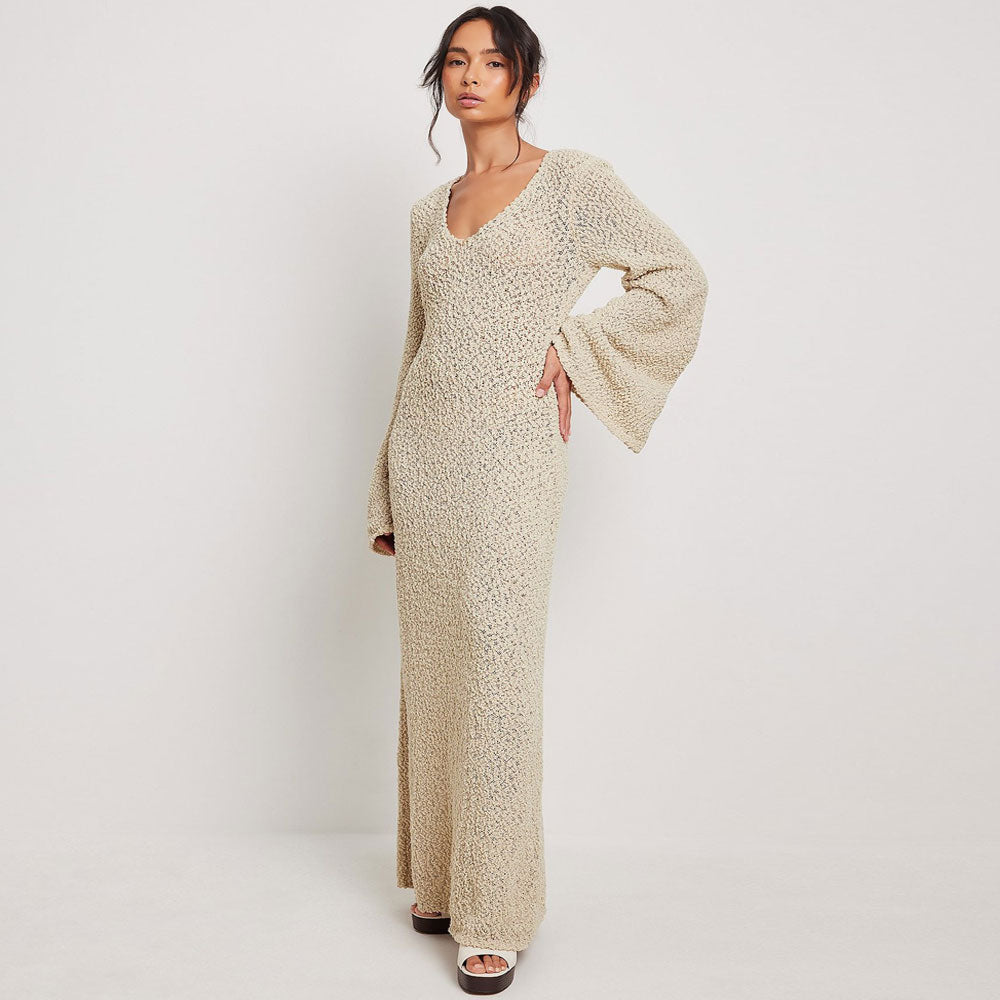 Women Boucle Knit Bell Sleeve Maxi Dress | Amelita