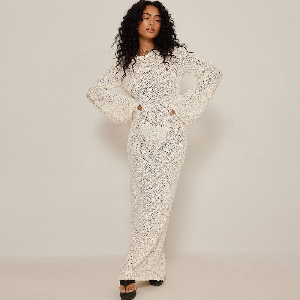 Women Boucle Knit Bell Sleeve Maxi Dress | Amelita