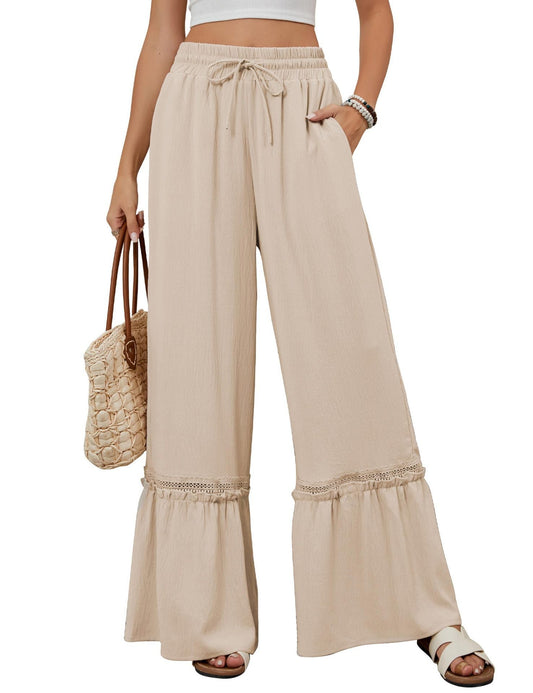 Women Wide Leg Trousers Apricot Polyester | Elegant Style-1