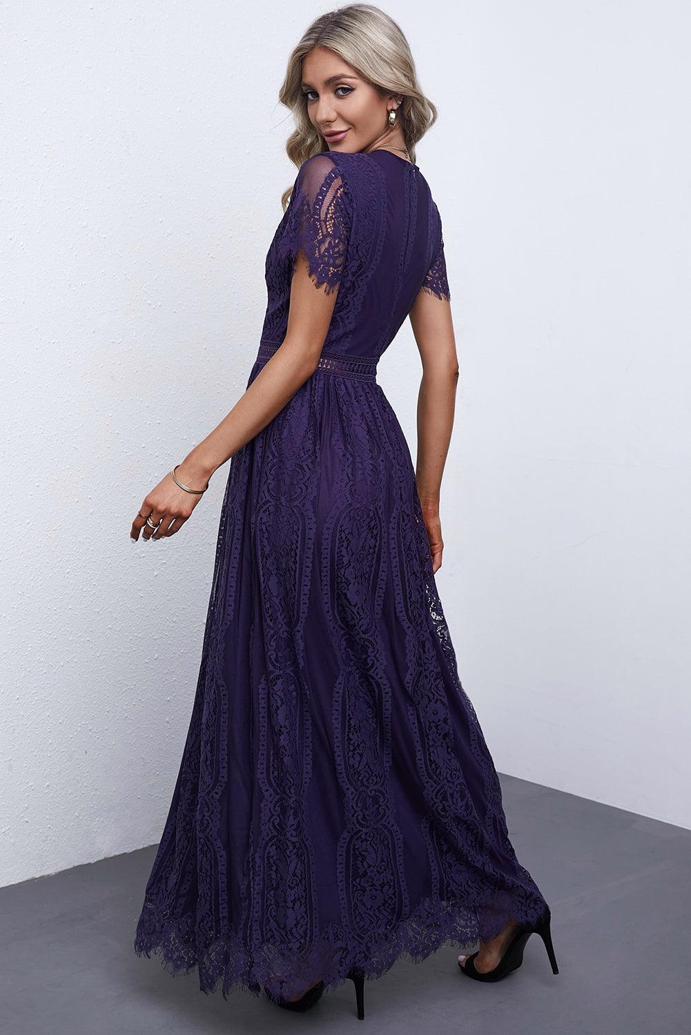 Elegant Royal Lace Maxi Dress with V-Neckline | Keana