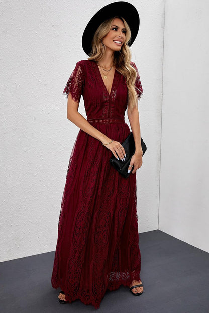 Elegant Royal Lace Maxi Dress with V-Neckline | Keana