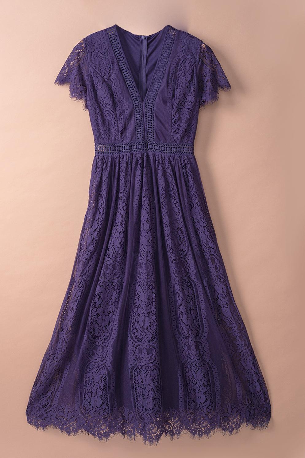 Elegant Royal Lace Maxi Dress with V-Neckline | Keana